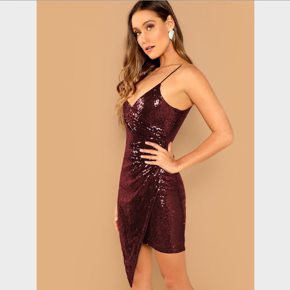 Surplice Wrap Sequin Cami Mini Dress Burgundy - Picture 2 of 7